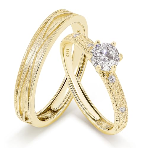 Meissa Anillos Promesa Alianzas de Plata Pareja Solitario Plata de ley 925 Mujer Ajustable Anillo de Compromiso Boda para Pareja Novios Regalo de San Valentín Aniversario, Oro (Juego de dos anillos)