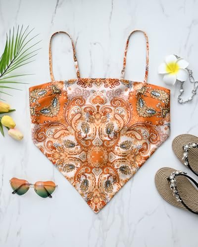 Women's Boho Paisley Print Satin Bandana Top Hanky Hem Tie Back Adjustable Spaghetti Strap Cami Tube Tops4