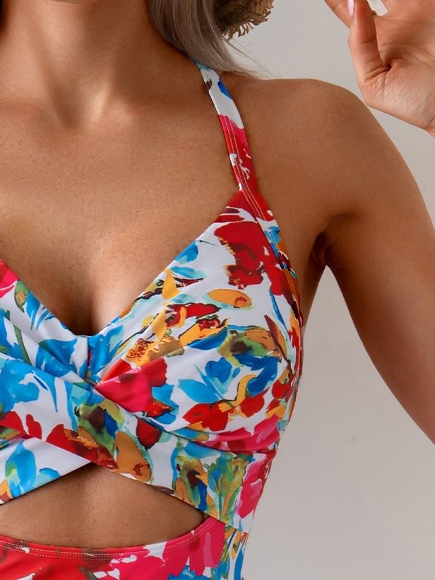 Image of B2prity Women Cutout One Piece Skirt Swimsuit V Neck Wrap Tie Back Swimdress Tummy Control Bathing Suits Slimming Swimwear