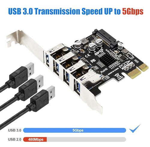 Image of PCI-E USB 3.2 GEN1 Card 4-port PCI Express to USB-A Expansion Card, 5Gbps USB 3.0 Port Controller Adapter for Windows 11 /10 /8 /7 /XP /Vista /LINUX, Can Connects to High Power Devices to 15PIN Power Supply
