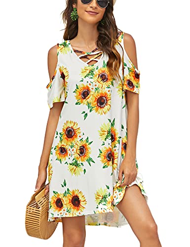 Image of Bluetime Women Cold Shoulder Summer Dress Short Sleeve Beach Casual Loose Swing Dress