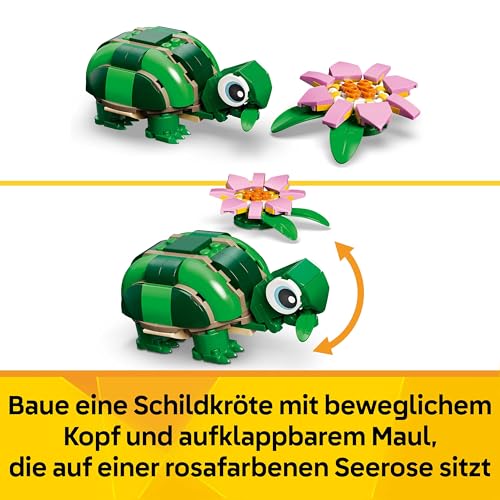 LEGO Creator 3in1 Turtle with a Water Lily Flower Toy - Animal Figure Transforms into a Chameleon or Frog - DIY Desk Decor Idea - Birthday Gift for 7+ Year Old Girls & Boys - 31377