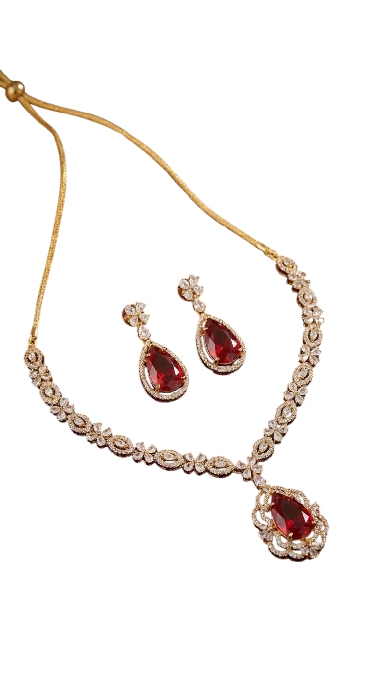 AD Necklace Set with Ruby Red Teardrop Pendant and Earrings-image-29