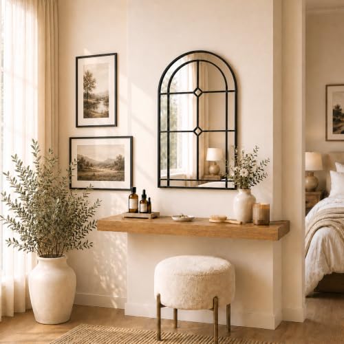Image of Saliwa Black Arched Mirrors for Wall, 30 inch x 20 inch Wall Mirror for Entryway, Living Room, Bedroom, Bathroom, Fireplace, Window Mirror with Metal Frame