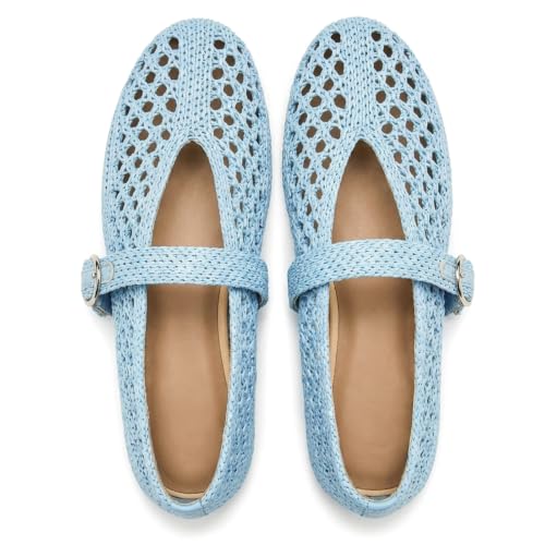 Image of Woven Ballet Flats Women Mesh Raffia Flats Round Toe Mary Janes Comfortable Ballerina Flat Shoes