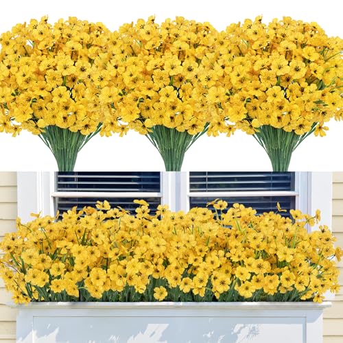Image of Bassion 24 Bundles Artificial Flowers for Outdoors Decorations, Yellow | UV resistant, silk fake flowers, realistic faux plants, outside planter window box porch garden home decoration