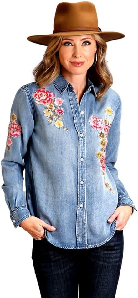 Stetson Women's Blue Denim Embroidered Long Sleeve Button Down Blouse Shirt Blue Small
