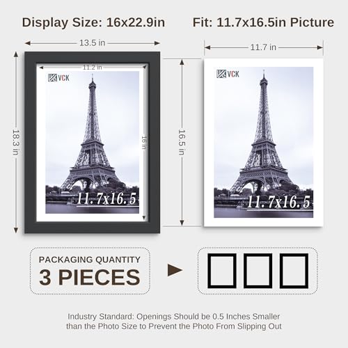 Image of VCK A3 Solid Wood Picture Frame - Black 11.7x16.5 Poster Frames with Wall Mounting Hanging Set of 3