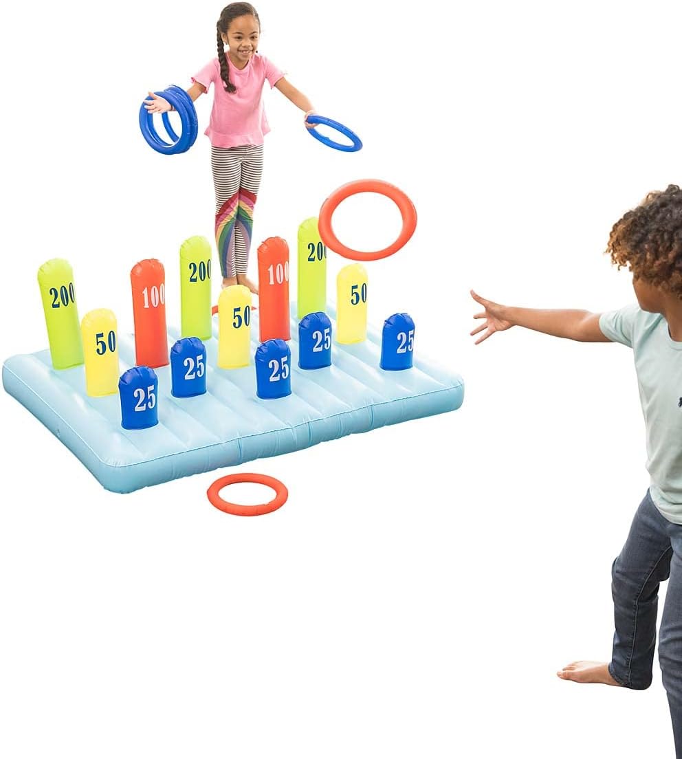 HearthSong Giant Inflatable Ring Toss Backyard Carnival Game with 60 Inch Vinyl Inflatable Scoring Mat with Scoring Posts, 8 Inflatable Rings Included