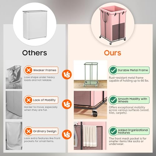 Image of 150L Laundry Hamper with Wheels, Rolling Laundry Basket with Metal Frame and Removable Bag, Large & Tall Dirty Clothes Hampers for Bedroom Aesthetic, Laundry Room, Bathroom, Dorm-Pink