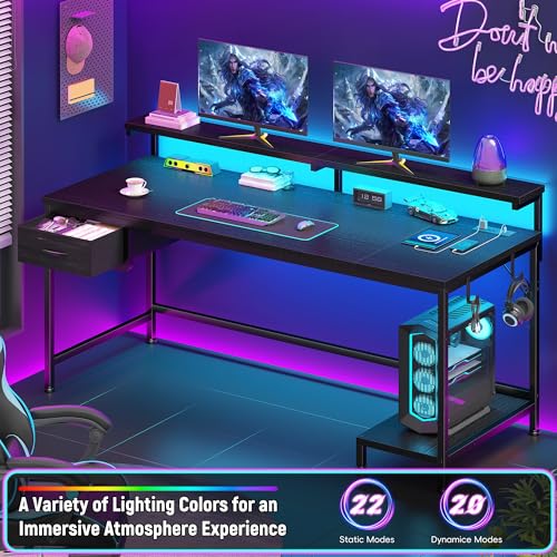 Image of DurayLoly 47.2 inch Gaming Desk with Power Outlet and LED Lights,Computer Desk with Adjustable Monitor Stand and Drawer,Office Desk with CPU Stand for Home Work,Study and Gaming, Small Spaces,Black