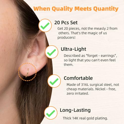 20PCS 14K Gold Plated Hoop Earrings Set for Women - Featherweight Ultra-Thin 20G | Nickel-Free Surgical Steel, Non-Tarnish | Minimalist Stackable Earrings for Sensitive Ears (No Clasp)4