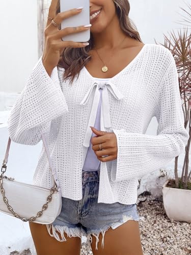 Saodimallsu Womens Summer Crochet Lightweight Cardigans Tie Front Mesh Knit Long Sleeve Casual V Neck Beach Cover Ups2