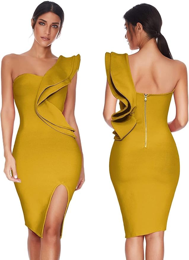 Image of One Shoulder Ruffle Dress Side Split Bodycon Bandage Dress Wedding Guest Dress