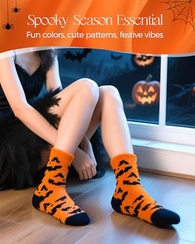72-Needle Buttery Soft Halloween Fuzzy Socks for Women Cozy Funny Crazy Cute Fluffy Warm Slipper Socks for Girls 3 Pairs, Halloween Gifts Boo Spooky Basket Stuffers4