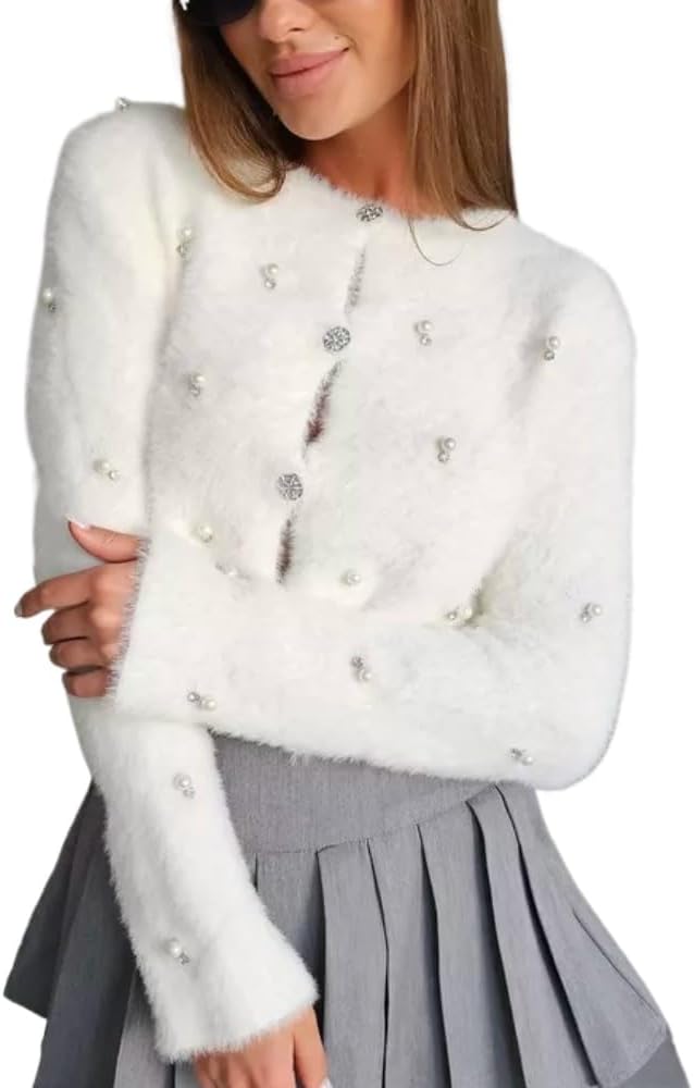 Women's Cardigans V Neck Button Up Sweater with Pearls Long Sleeve Fuzzy Cardigan Y2k Chunky Knit Cotton Sweaters