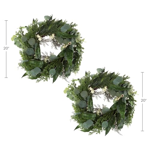 Pure Garden Artificial Wreath Set - Two 20-Inch Eucalyptus Wreaths for Spring, Summer or Fall Home Decor - Indoors or Covered Patio
