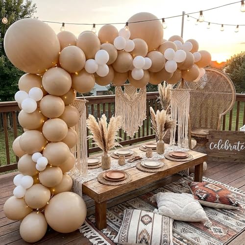 Image of RUBFAC Vanilla Brown Beige Balloons 129pcs Different Sizes Pack of 18 12 10 5 Inch, Light Brown Cream Ivory Balloon Neutral Boho Garland Arch Kit for Wedding Baby Shower Birthday Party Decorations