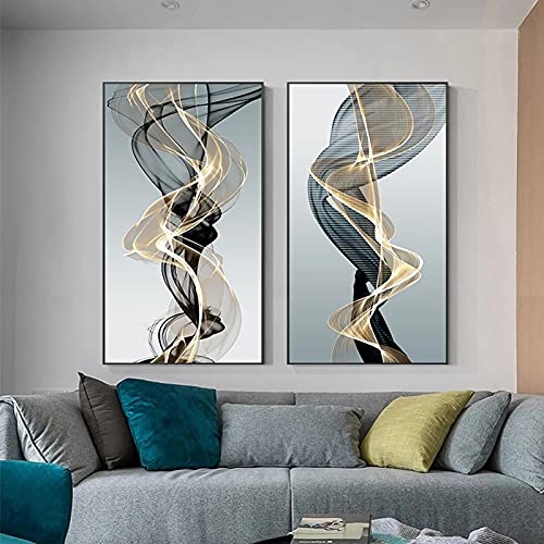 Toile abstraite lignes noires et dorées style nordique salon 70x140cm x2