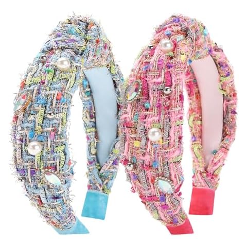 Fishdown Pearl and Rhinestone Headbands for Girls Kids Knotted Headbands Girls Handcrafted Embellished Hair Bands with Pearls and Gemstones (Pink and Blue) Cover