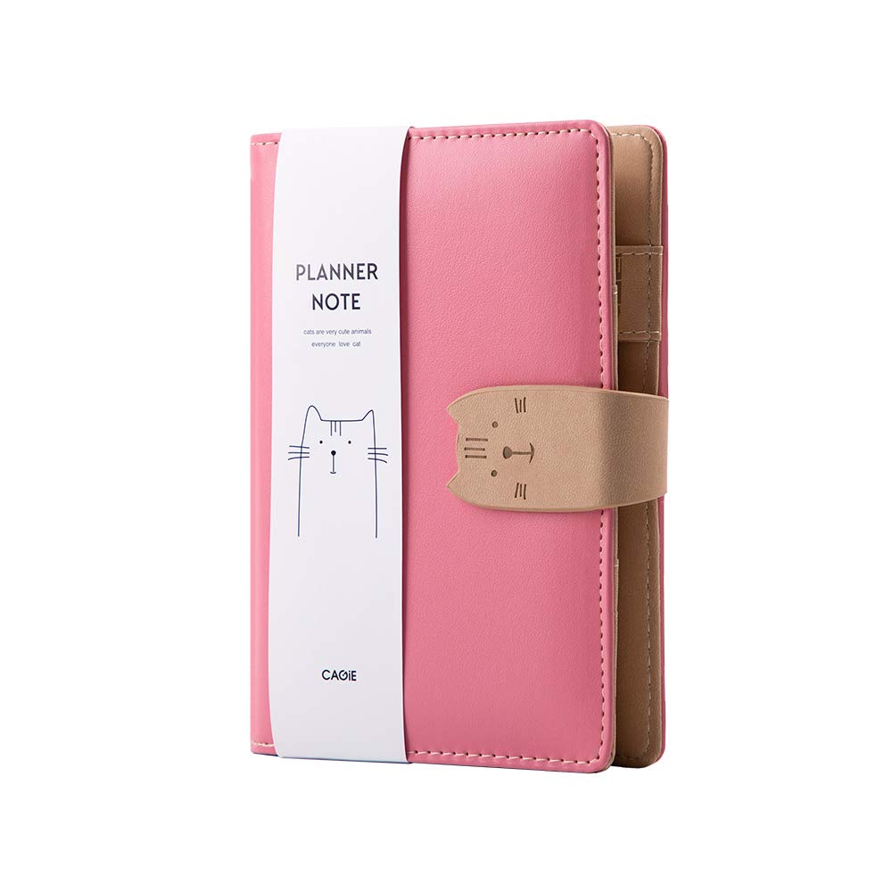 Leather Binder Journal Refillable Cat Notebook 6-Ring Loose Leaf Binder Spiral Diary A6 Mini Binder Planner 5.1 x 7.3"（Pink）