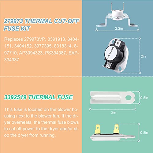 3387747 Dryer Heating Element Replacement Replaces PS11741416 WP3387747VP WP3387747 80003 AP6008281 525502 EAP11741416 (5400Watt 240 Volt), with 3392519 279816 279973 Thermal Fuse & Thermostat Kit