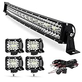 32IN 585W Curved Led Light Bar Kit Super Bright Spot Flood Combo Driving Light 4IN 60W Led Work Light Fog Light Pod with Wiring Harness for SUV Boat Jeep ATV UTV Truck
