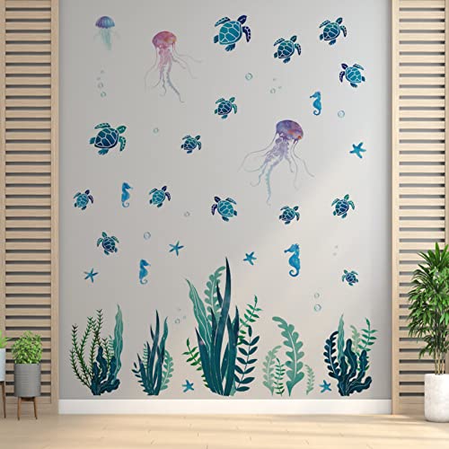 Blmhtwo 2 Pieces Sea Turtle Wall Decal, Under The Sea Wall Decals Bathroom Wall Decals Sea Turtle Wall Sticker Sea Grass Sea Turtle Seahorse Starfish For Bathroom Living Room Bedroom #TOP3