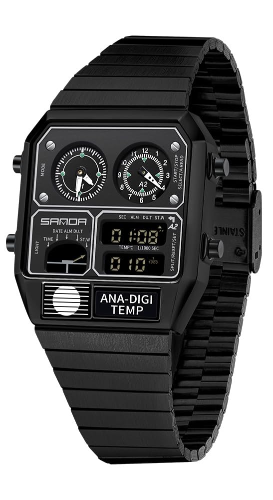 MASTOP Montre analogique numérique carrée de Style rétro avec Affichage de la température, 3 fuseaux horaires, rétroéclairage, étanche à 50 m, Alarme, chronomètre, Semaine/Date, Noir, Montre