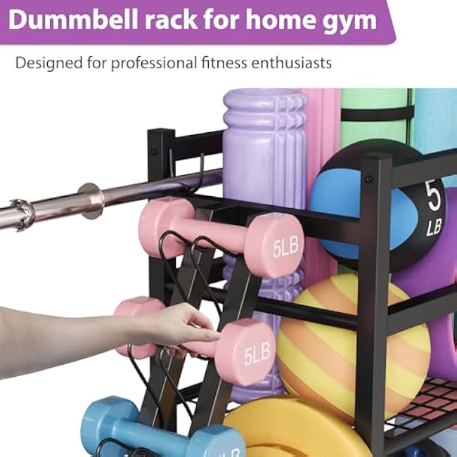 Dumbbell Rack Weight Rack Storage-Large Dumbbells Rack Home Gym Storage,Multilevel Workout Storage Organizer with Wheels and Barbell Holder,Perfect for Yoga Mat Balls Kettlebells and Fitness Gear,black