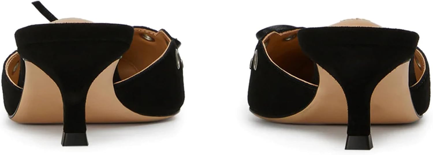 olomisa Womens Kitten Heels, Bow Studded Heeled Mules Pointed Toe Low Heel Sandals Suede Leather Slip on Kitten Heel Pumps - Image 4