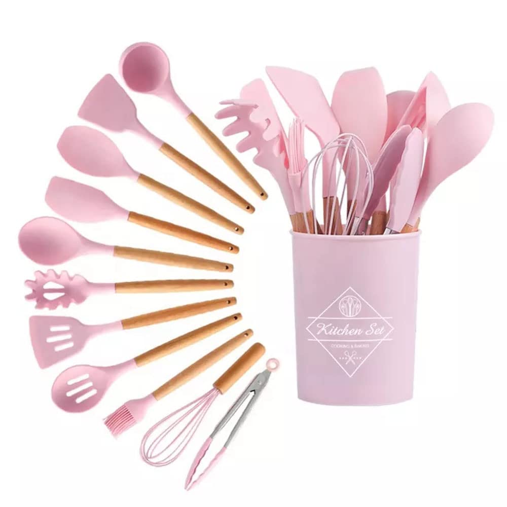 Karangred 12Pcs Silicone Cooking Kitchen Utensils Set with Holder,Wooden Handles Cooking Tool,BPA Free,Non Toxic Turner Tongs Spatula Spoon Kitchen Gadgets Set for Nonstick Cookware (Pink)