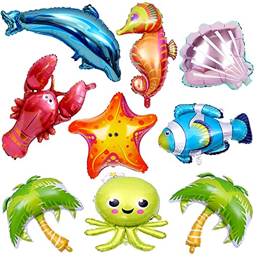 LUKDUNG 9 Stück Ozeantiere Luftballons Cartoon Große Meerestiere Fische Seestern Muscheln Folienballons Tropische Fische Ballons für Kindergeburtstag Party Dekoration Supplies Cover