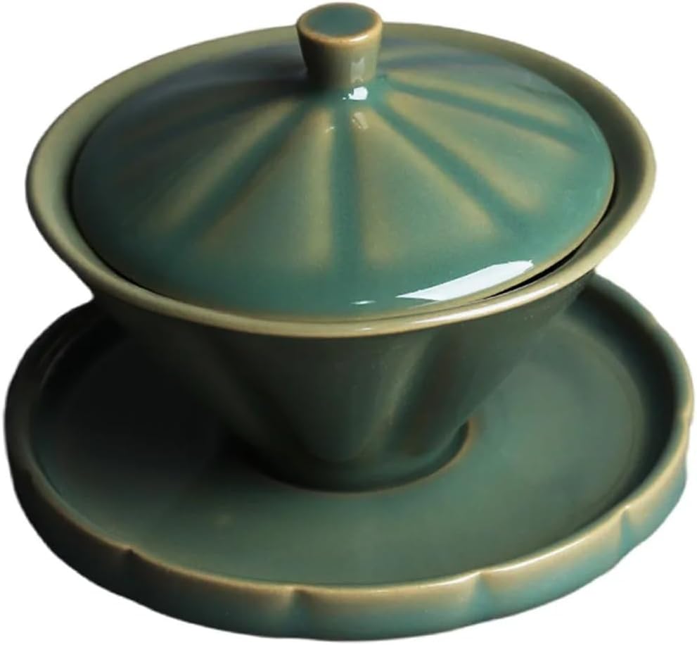 Celadon Covered Bowl Handmade Vintage Pottery Plum Green Personalised Kung Fu Tea Ceremony Wide Mouth Brewing