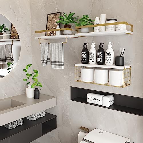 Floating Shelves With Storage Basket, Bathroom Shelves Over Toilet Paper Holder Storage Shelves, Wall Mounted Rustic Wood Shelves For Bathroom, Bedroom, Living Room, Kitchen(White, Set Of 3) #TOP4