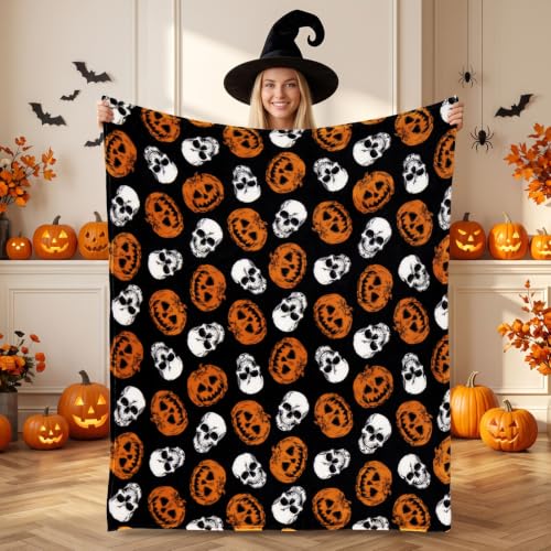 Image of BEDELITE Pumpkin Skull Halloween Throw Blanket, Black, 50 inchx60 inch