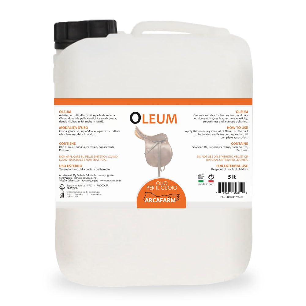 OLEUM 5 LT tanica, Olio rigenera pelle e cuoio Arcafarm, Trattamento nutriente per calzature, stivali e selle equitazione, scarpe, borse in pelle di alta qualità | Nutre e lucida il cuoio