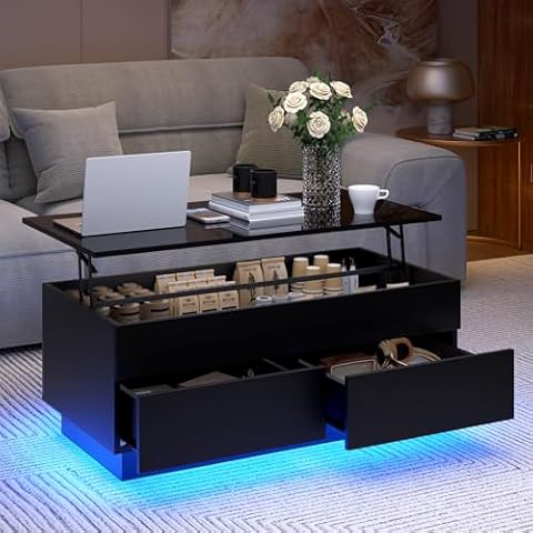 HOMMPA 40'' Lift Top Coffee Table for Living Room, Black Coffee Tables with Storage, LED Modern Coffee Table Rectangular Black Gloss, Flip Top Center Table with 2 Drawers and Hidden Compartment Cover