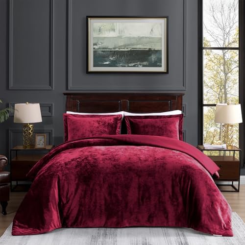 TAMGHO Crushed Velvet Maroon Burgundy King Size Comforter Set, Da...