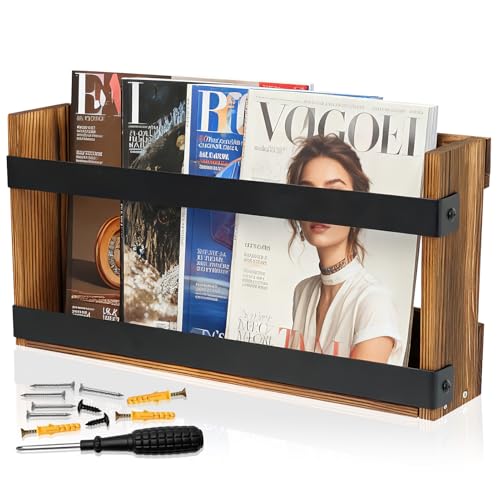 Dojomadf Wood Magazine Rack Wall Mounted & Wall Magazine Rack Pine Wood Black Metal Wall Magazine Holder for Magazines Books Mountable or Freestanding Organizer (dark brown)