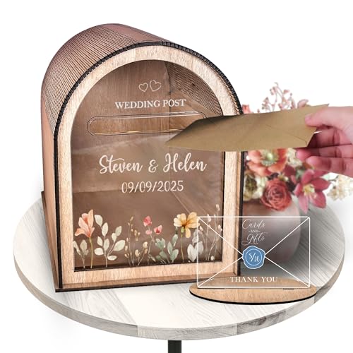 GIFTSHOPBYHELEN Personalized Wedding Card Box With Floral Design – Wooden