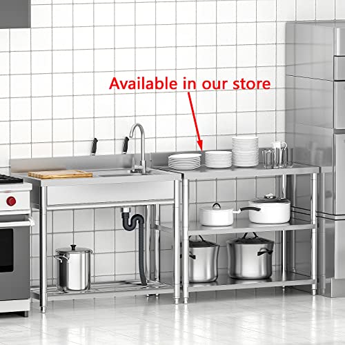 Free Standing Stainless-Steel Single Bowl Commercial Restaurant Kitchen Sink Set w/Faucet & Drainboard, Prep & Utility Washing Hand Basin w/Workbench & Storage Shelves Indoor Outdoor (39 in)