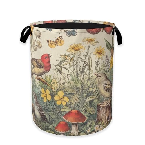 Image of Collapsible Laundry Basket,Vintage Flower Bird Dirty Clothes Hamper,Rustic Butterfly Mushroom Hampers for Bedroom Waterproof Oxford Cloth Storage Organizer for Bathroom,Nursery,Dorm,16x20 Inch