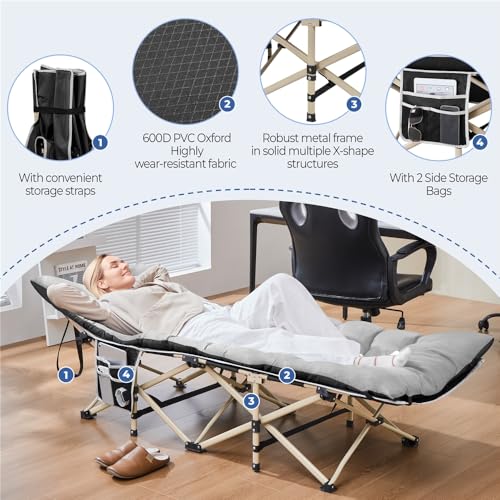 Yaheetech Feldbett mit Matratze Campingbett klappbar Gästebett mit Tragetasche & Seitentasche 191 x 67 cm Gartenliege bis 150 kg Belastbar, Grau Matratze+Schwarz Bett 5
