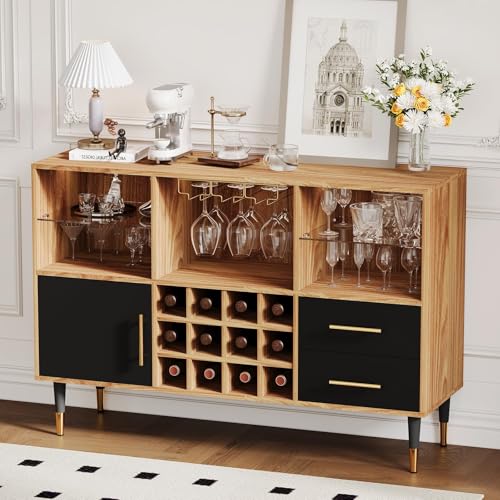 Image of 47 inch Bar Cabinet with LED Lights & Charging Station, Freestanding Liquor Cabinet with for Living Room, Decorative Kitchen and Living Room Compact Wine Bottle Storage for Living Room, Brown