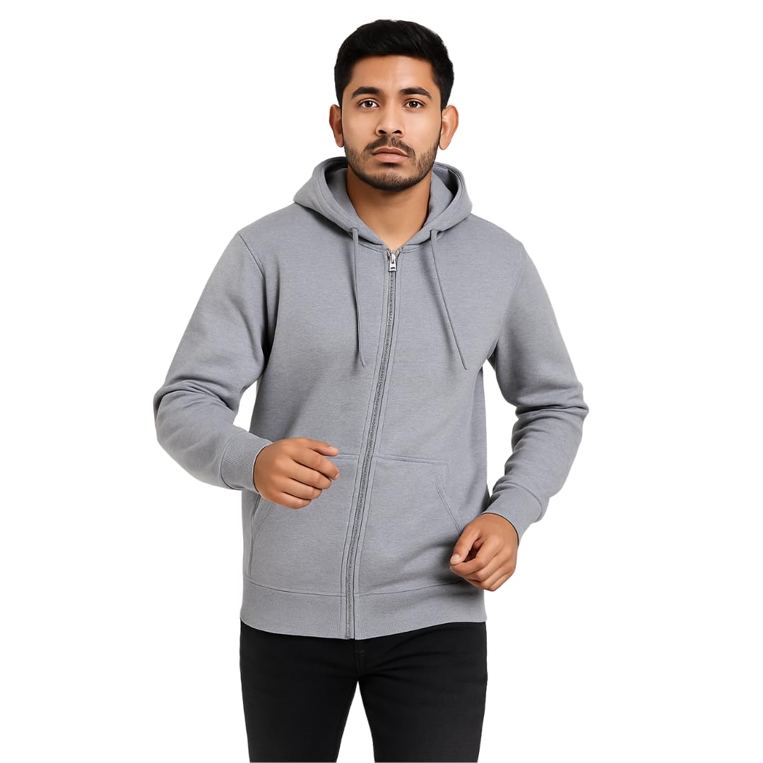 primelinor Men’s Solid Grey Zip-Up Hoodie | Full Sleeve Fleece Sweatshirt with Front Pockets & Adjustable Hood | Winter Wear Casual Jacket for Men-picture-38