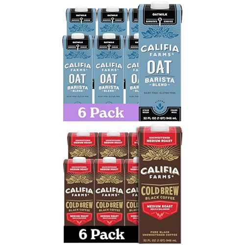 Bundle of Califia Farms Oat Barista Blend Oat Milk, 32 Oz (Pack of 6) + Califia Farms Pure Black Medium Roast Cold Brew Coffee, 32 Oz (Pack of 6)