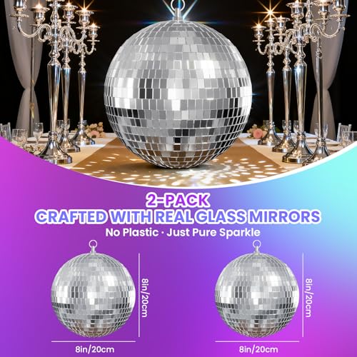 Youdepot - Bola espejada de 16 pulgadas y paquete de 2 bolas de 8 pulgadas, decoraciones plateadas para bodas, fiestas, Navidad, discotecas y decoración años 70 miniatura 7
