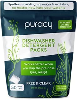 Puracy Dishwasher Pods, 50 Count, Natural Dishwasher Detergent, Free & Clear Enzyme-Powered Automatic Dishwasher Pod, Spot and Residue-Free Dish Tabs, 2-in-1 Dishwasher Soap and Rinse Aid