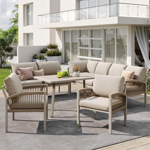 Merax L-förmiges Gartensofa Set für 8 Personen – Wetterfestes Outdoor Sofa mit 2 handgeflochtenen Sesseln, Rostgeschütztem Eisengestell, 1 Tisch mit Holzoptik-Glasplatte, Beige Kissen